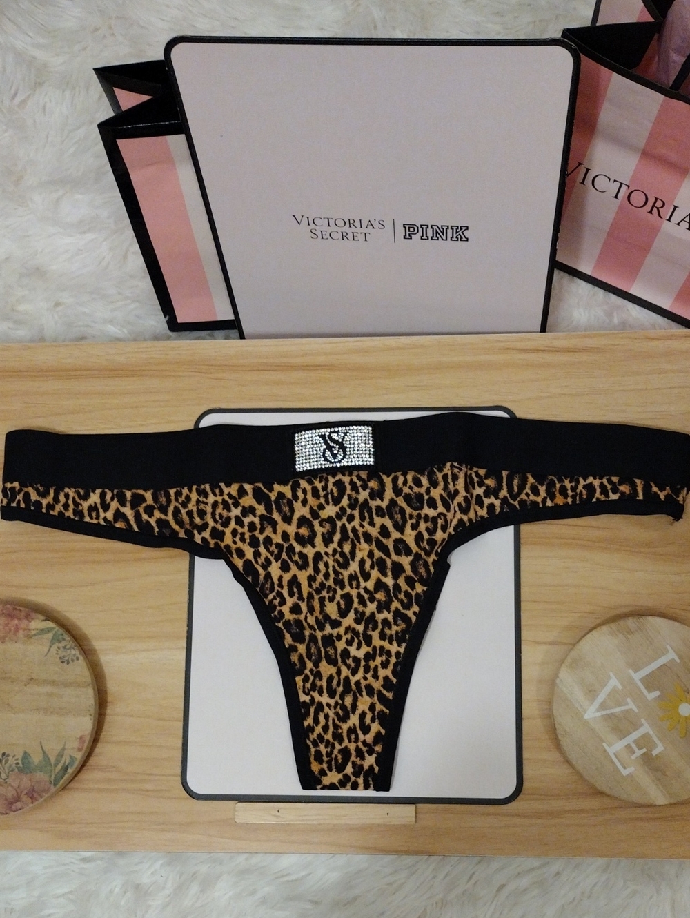 Victoria's Secret Leopard Print Rhinestone Logo Thong Large 🆕